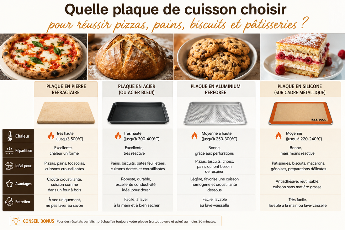 Quelle plaque de cuisson choisir pour réussir pizzas, pains, biscuits et pâtisseries ?