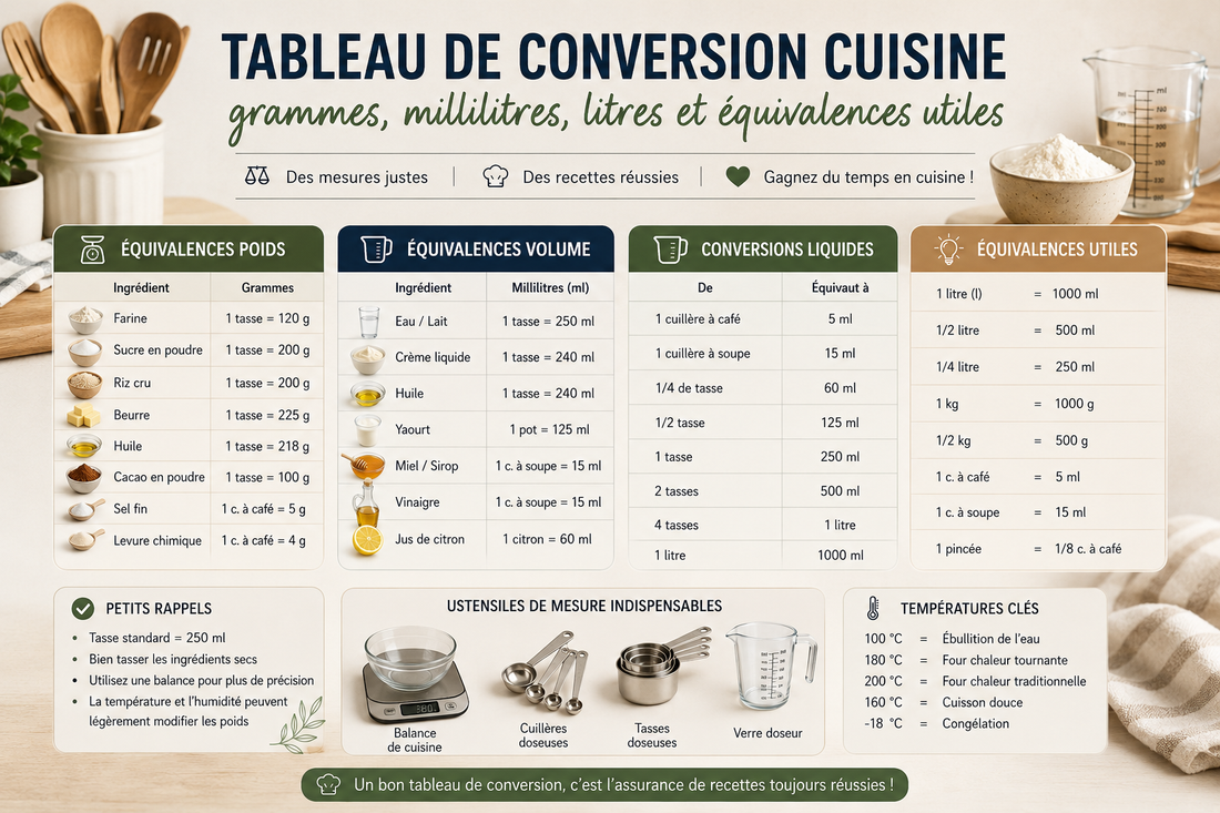 Tableau de conversion cuisine : grammes, millilitres, litres et équivalences utiles