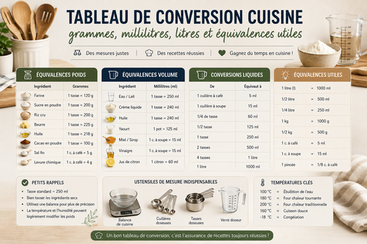 Tableau de conversion cuisine : grammes, millilitres, litres et équivalences utiles