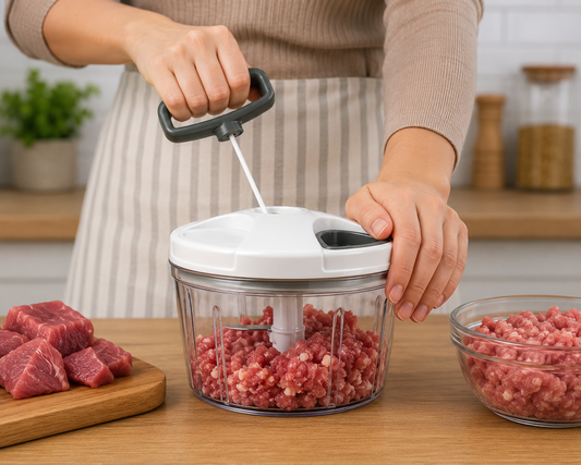 hacher de la viande avec un hachoir manuel