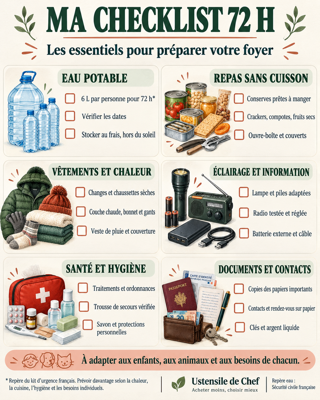 Survie en autonomie : préparez 72 heures plus sereinement avec des quantités d’eau, des idées de repas et une checklist pour vous et vos proches.
