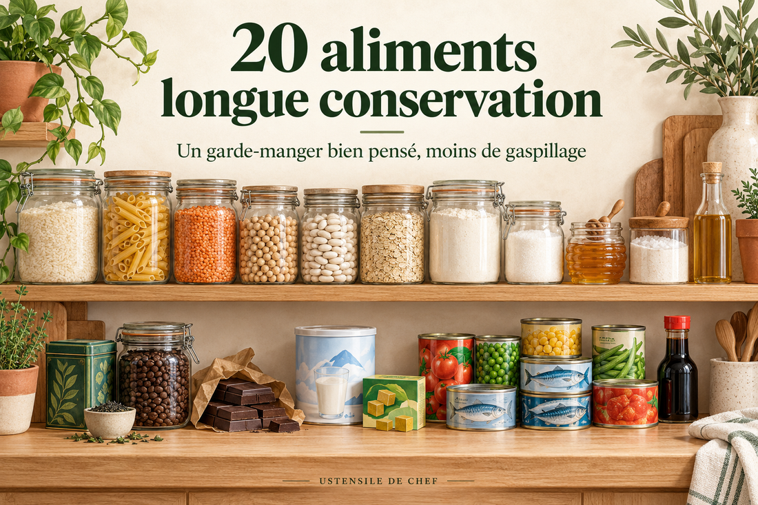 Garde-manger organisé avec bocaux de riz, pâtes, légumineuses, miel et conserves pour illustrer les aliments longue conservation.