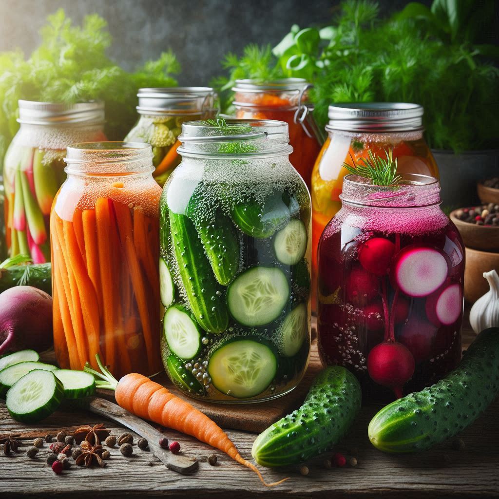 Fermentation maison et conservation en bocaux avec légumes frais et bocaux remplis de concombres, carottes et radis
