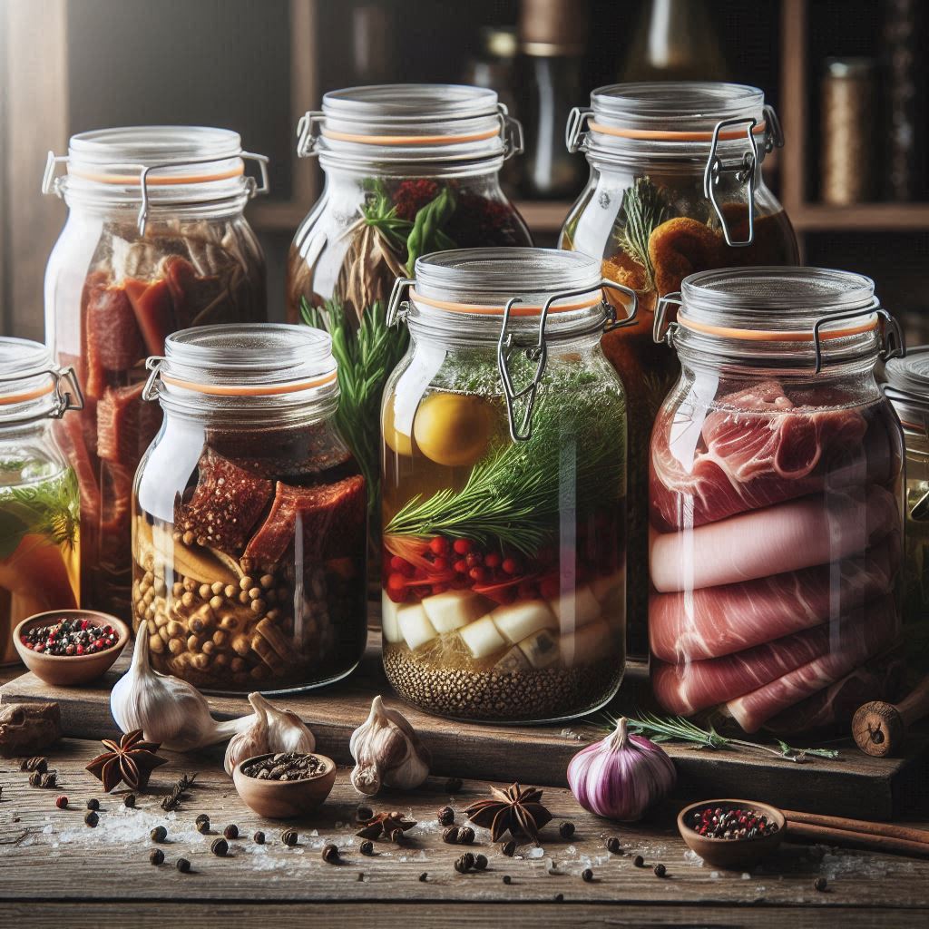 Jars en verre contenant de la viande et des épices pour la fermentation de la viande maison