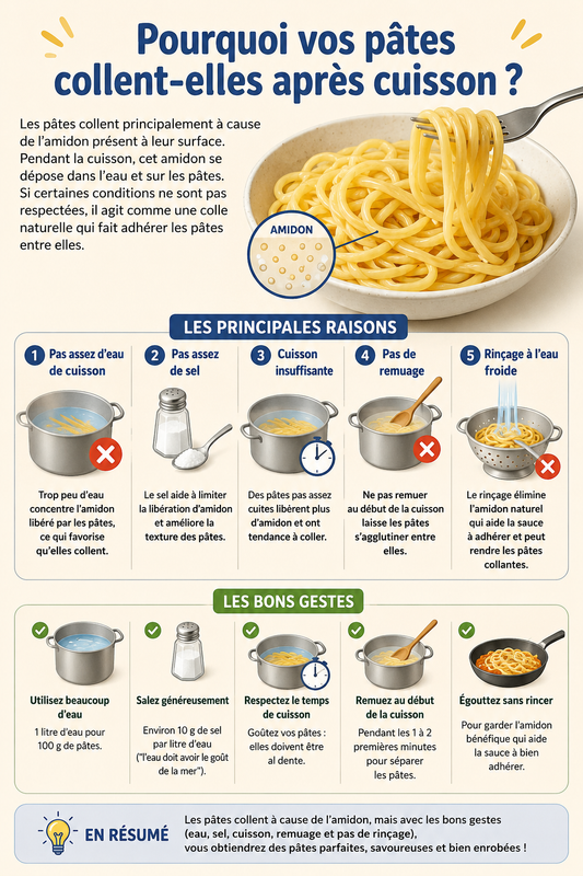 Pourquoi les pâtes collent après cuisson ?