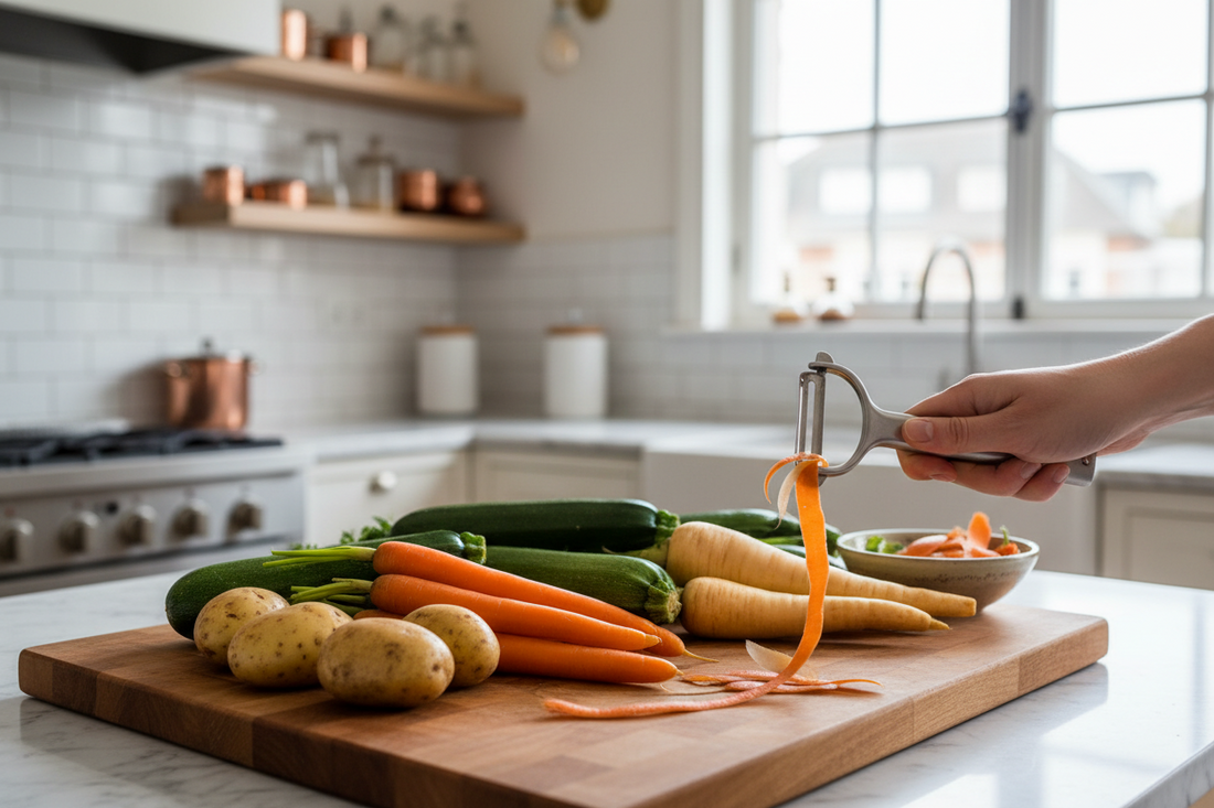 légumes sur planche à découper en bois et éplucheur en inox 