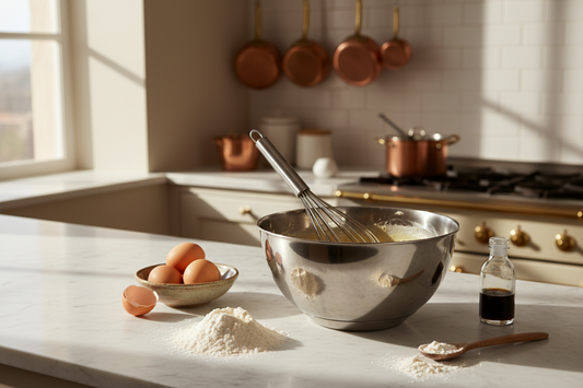 bol en inox avec fouet en inox à l'intérieur , œufs et farine disposés devant  