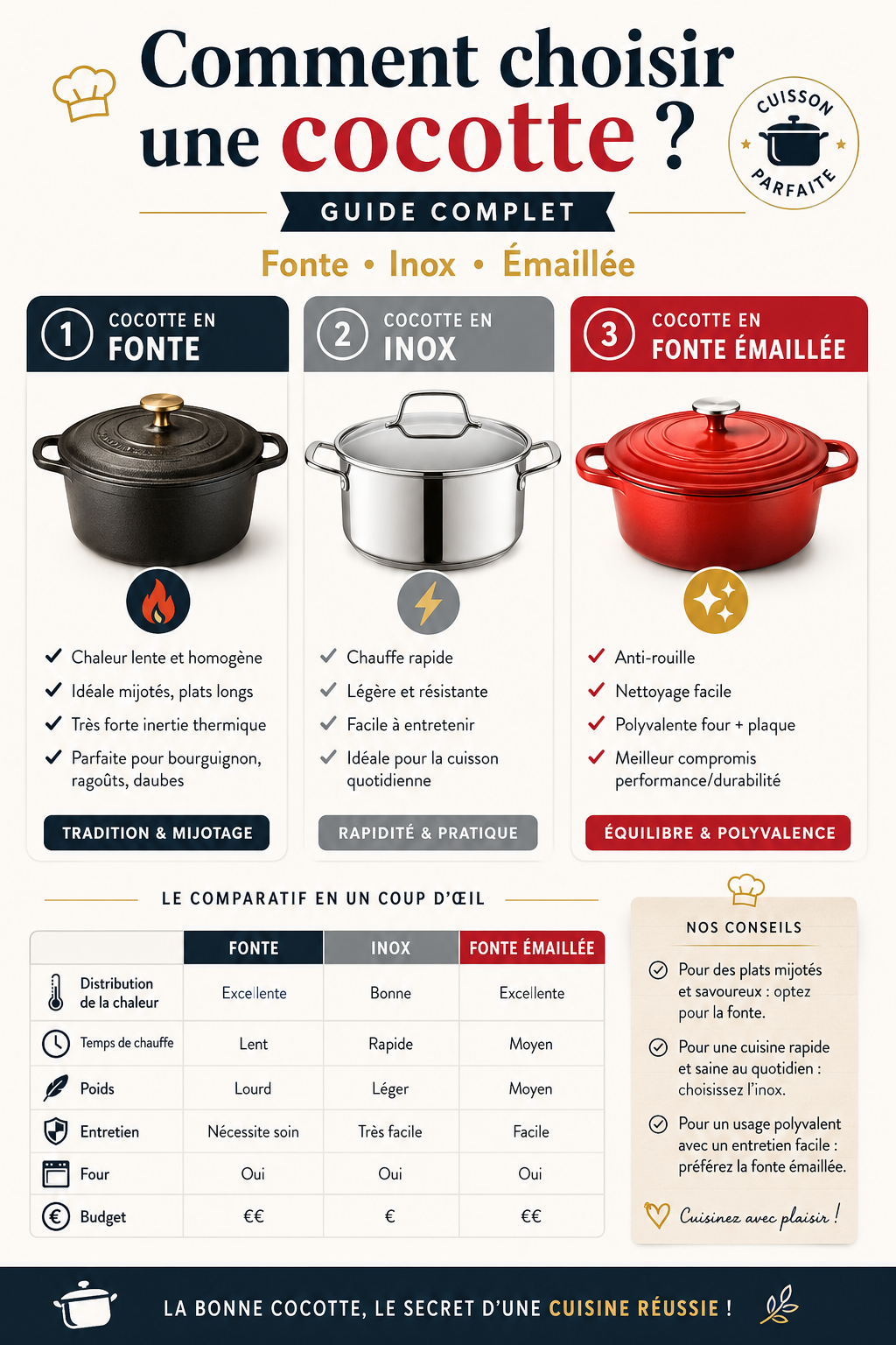 Comment choisir une cocotte : guide complet pour une cuisson parfaite (fonte, inox, émaillée)