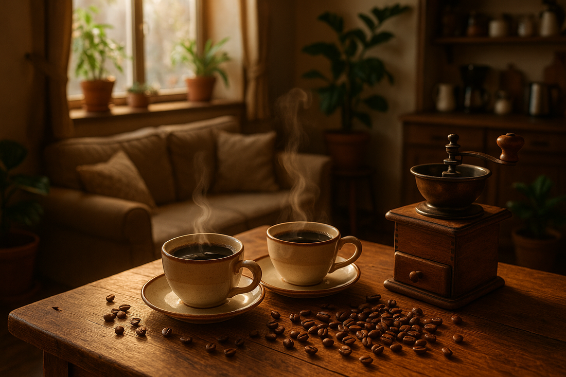 Deux tasses de café fumant sur une table en bois avec des grains et un moulin Comment préparer un café maison parfait à la maison