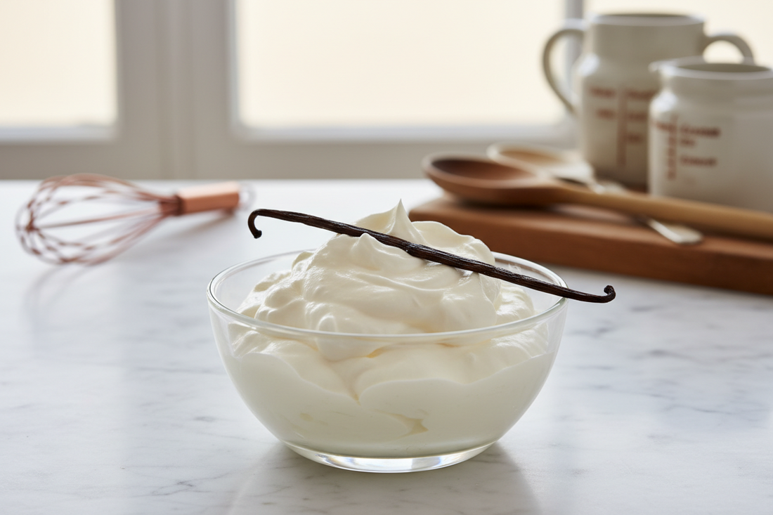 chantilly maison dans un bol en verre avec sa gousse de vanille