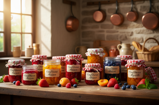 Confitures maison : recettes, astuces et ustensiles dans des bocaux colorés sur une table en bois