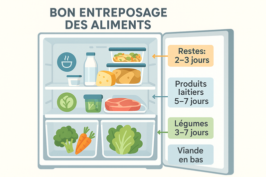Conserver les aliments au frigo : astuces et durées frigo organisé montrant restes produits laitiers légumes et viande en bas