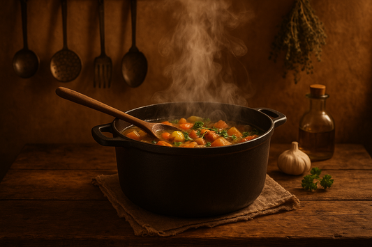 Cuisine d’antan : recettes mijotées modernes et zéro déchet cocotte en fonte fumante avec ragoût de légumes, louche, ail et herbes