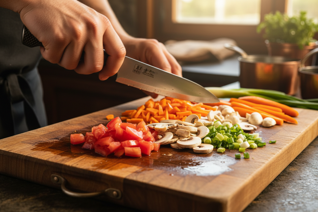découpe de légumes sur une planche à couper en bois et un couteau de chef 