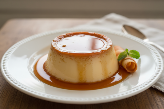 Flan maison caramélisé sur une assiette avec des rouleaux de biscuit, parfait pour faire un flan maison : 5 recettes inratables