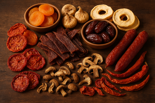 Variété d'aliments déshydratés, incluant fruits, viandes et champignons pour déshydrater les aliments : guide complet et astuces