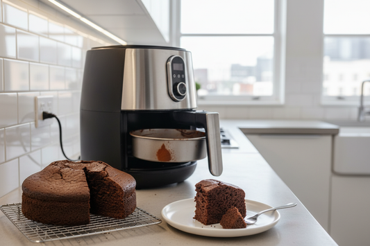 Recettes gâteaux Air Fryer moelleux et facile avec un gâteau sur une assiette près d'un Air Fryer