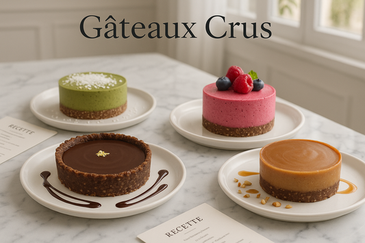 Gâteauc crus : recettes, astuces et ustensiles pour réussir. Quatre mini gâteaux crus colorés sur assiettes blanches marbre