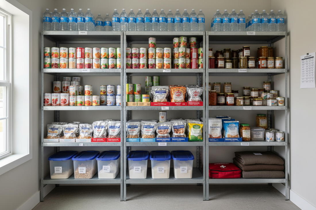 Étagères de garde-manger de survie avec aliments en conserve et produits stockés, guide complet