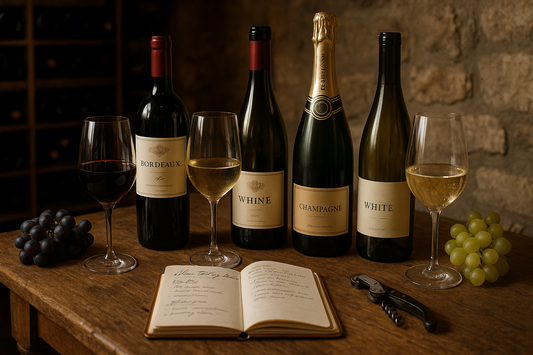Collection de vins avec divers verres et un carnet pour Comment choisir son vin : guide complet et conseils pratiques