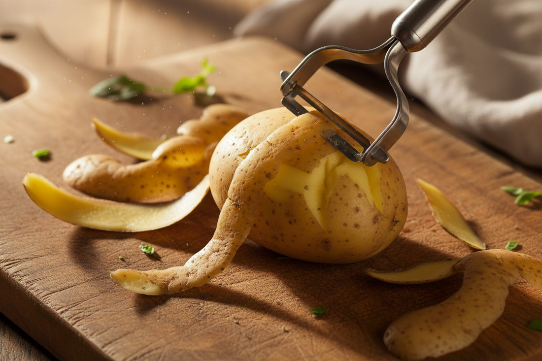 éplucher une pomme de terre avec un éplucheur en inox 