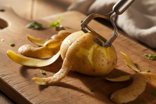 éplucher une pomme de terre avec un éplucheur en inox 