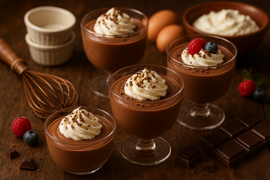 Mousse au Chocolat : Recettes Faciles et Gourmandes présentant verrines de mousse au chocolat maison garnies de crème et fruits