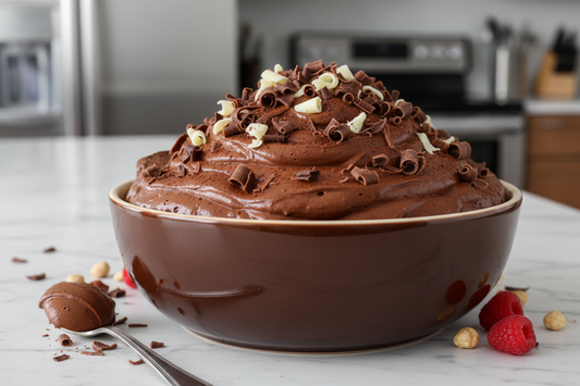 Mousse au chocolat sans œufs recette facile, rapide et texture parfaite dans un bol décoré de chocolat râpé