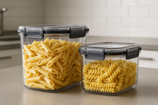 Récipients transparents contenant des pâtes pour illustrer comment conserver les aliments cuits au réfrigérateur