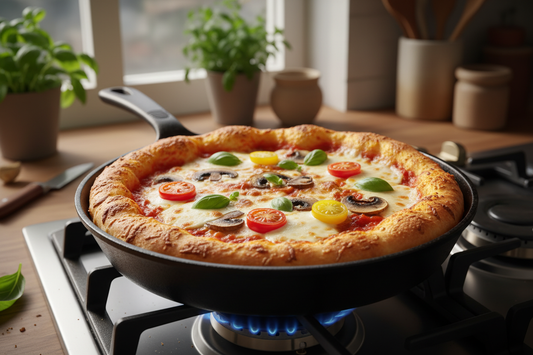 Pizza sans four : recette facile à la poêle cuite dans une poêle avec légumes frais et fromage fondu