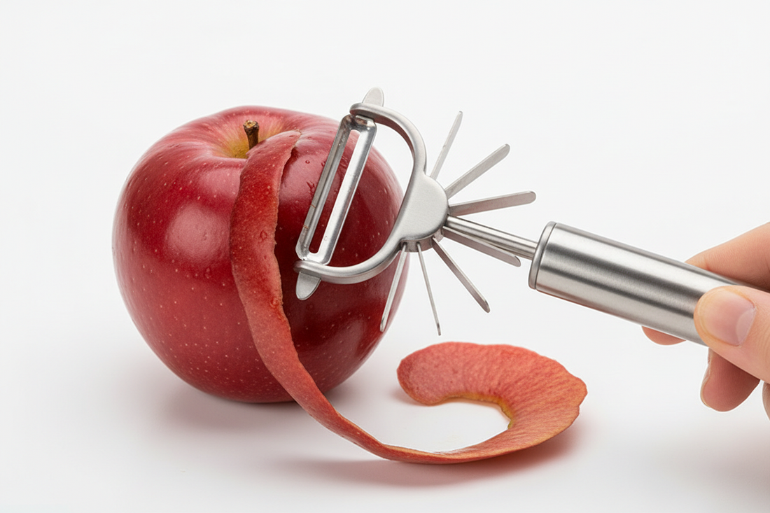 éplucheur en inox qui épluche la peau d'une pomme rouge
