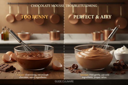 Comparaison entre une mousse au chocolat trop liquide et une mousse parfaite, avec des astuces pour réussir
