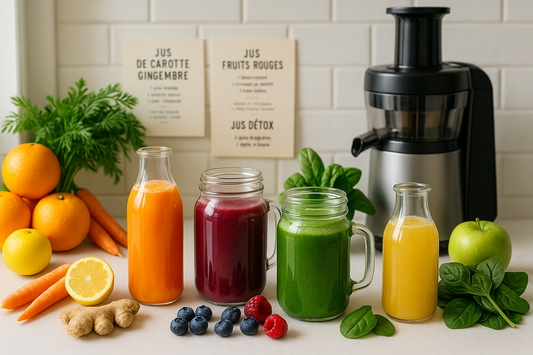 Recettes de Jus de Fruits Maison pour Booster Votre Santé avec carottes oranges citron gingembre baies pomme épinards et presse