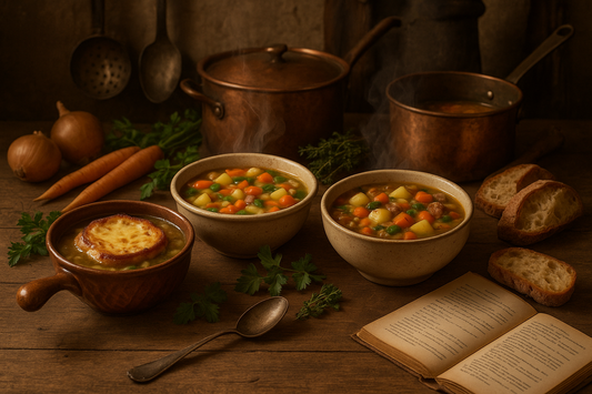 Recettes de soupes maison à l’ancienne avec des légumes colorés et du pain frais sur une table en bois