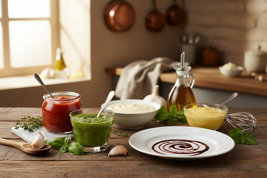 Sauces maison variées dans des récipients sur une table en bois pour le guide complet pour tous vos plats