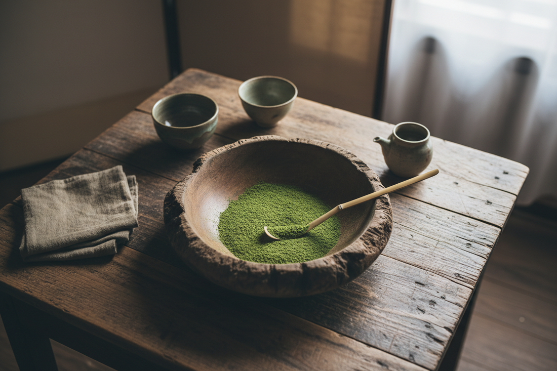 Ingrédients et ustensiles pour Comment Préparer un Thé Matcha Parfait sur une table en bois