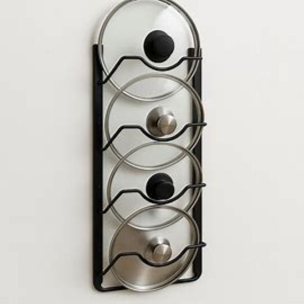 Rangement ustensiles & casseroles – Cuisine organisée support mural noir vertical pour 4 couvercles de casseroles