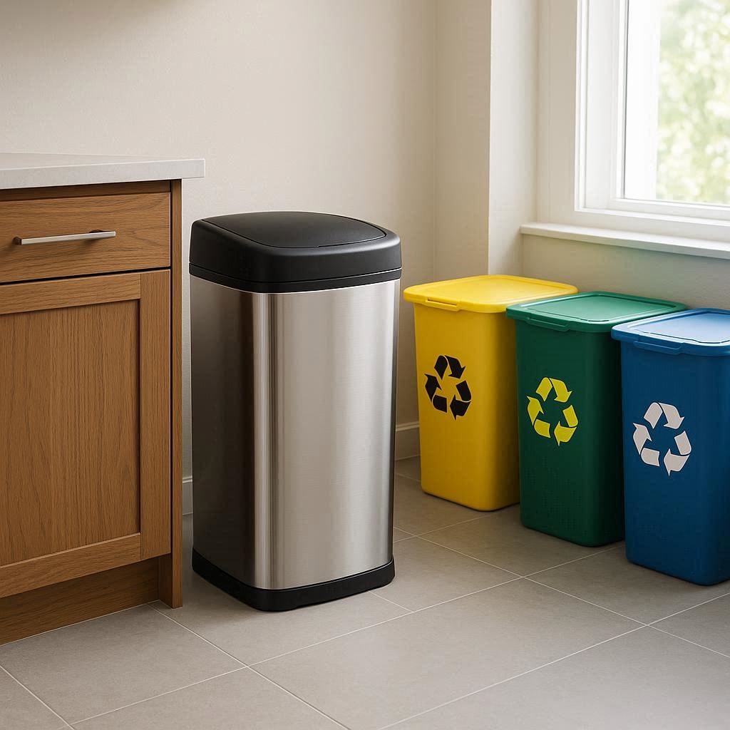 Gestion des déchets – Cuisine propre & écologique : poubelle inox et bacs de tri jaune vert bleu dans une cuisine moderne