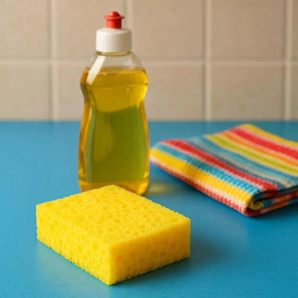 Entretien & nettoyage de votre cuisine avec éponge jaune flacon de liquide vaisselle et chiffon microfibre coloré sur plan