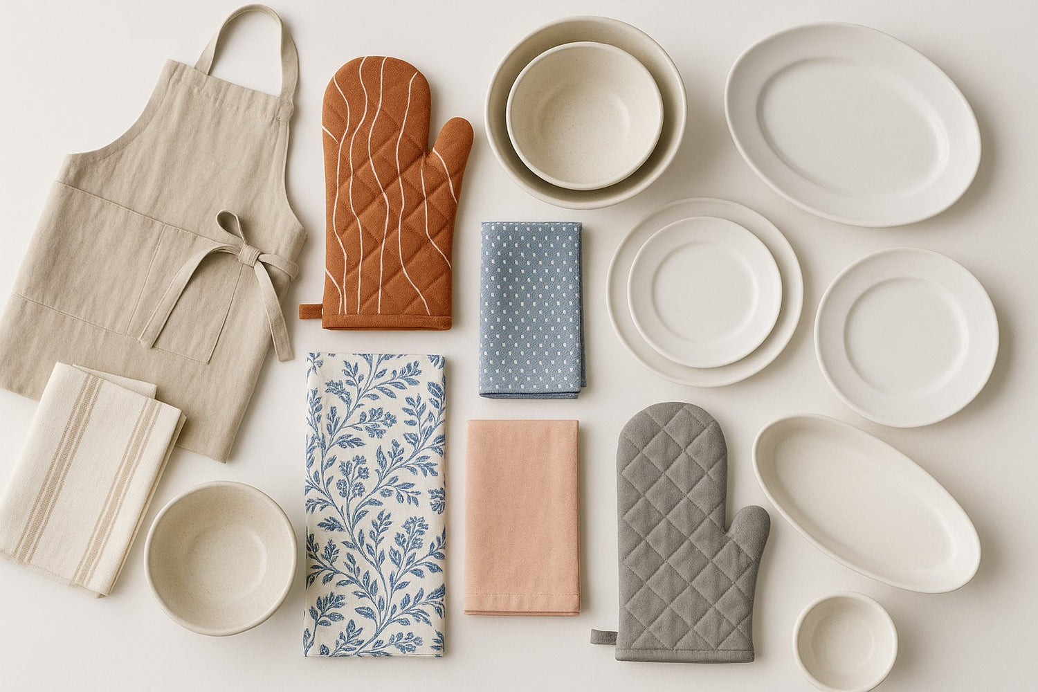 Collection art de la table avec vaisselle blanche, bols, textiles et gants de cuisine élégants