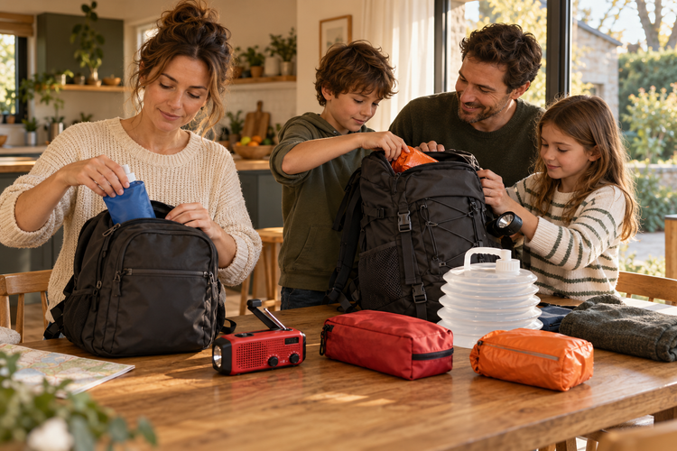 Une famille prépare ses sacs d’urgence à la maison avec une radio, une réserve d’eau et du matériel de secours.