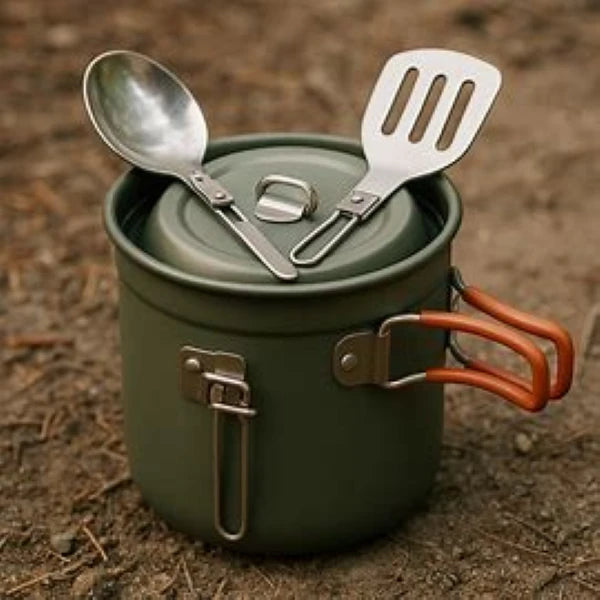 Ustensiles de cuisine portables Cuisine Nomade, incluant une casserole et des outils pratiques pour cuisiner en extérieur.