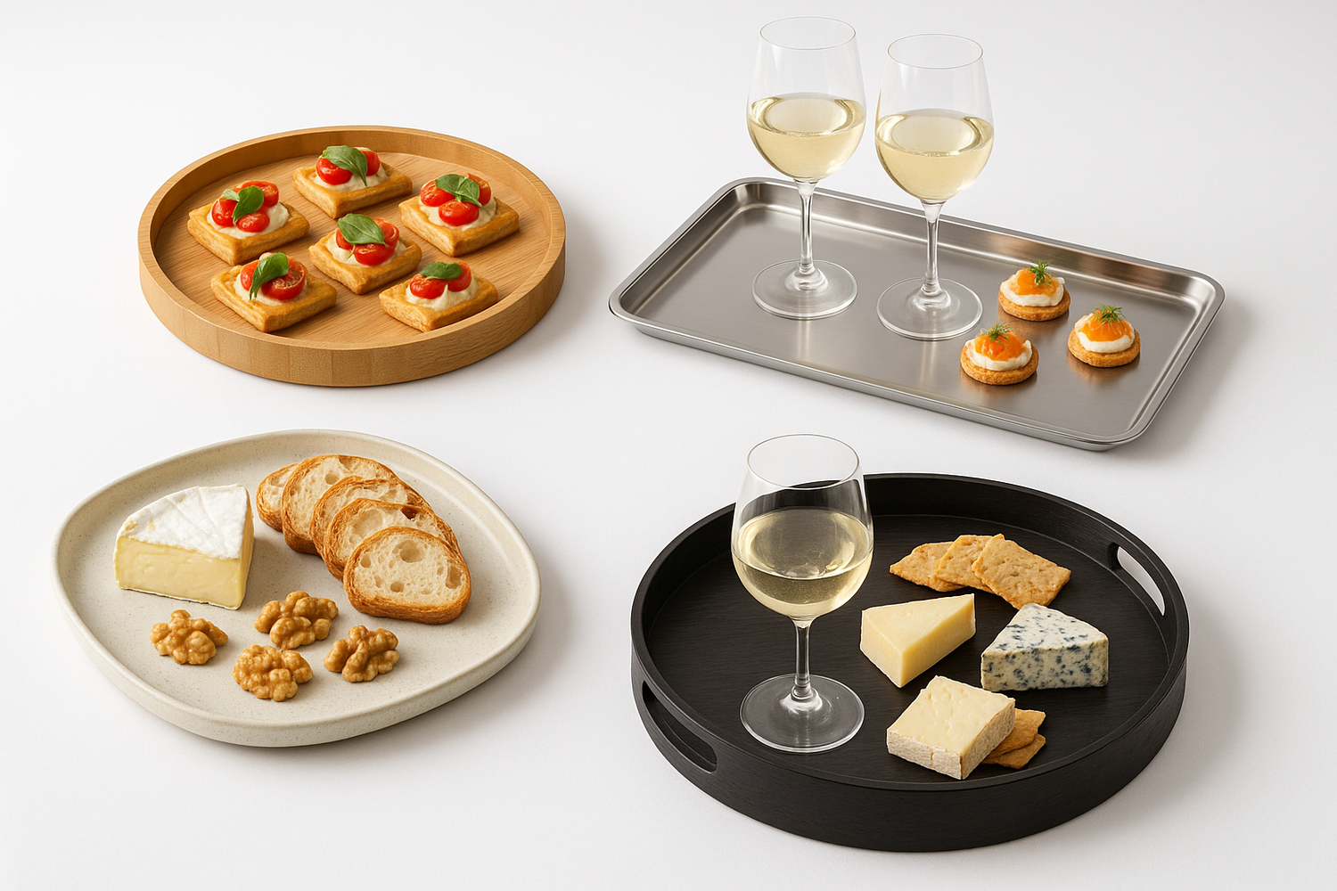 Plats et Plateaux de Service – Art de la Table Chic avec apéritifs et vins disposés sur plusieurs styles de plateaux