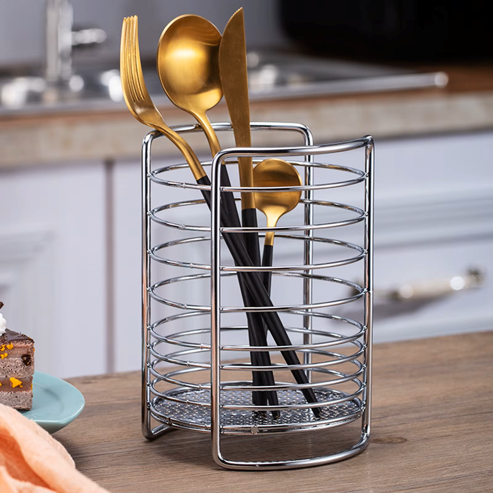 Porte-Couverts avec Égouttoir Rond en Métal élégant, parfait pour organiser vos ustensiles de cuisine