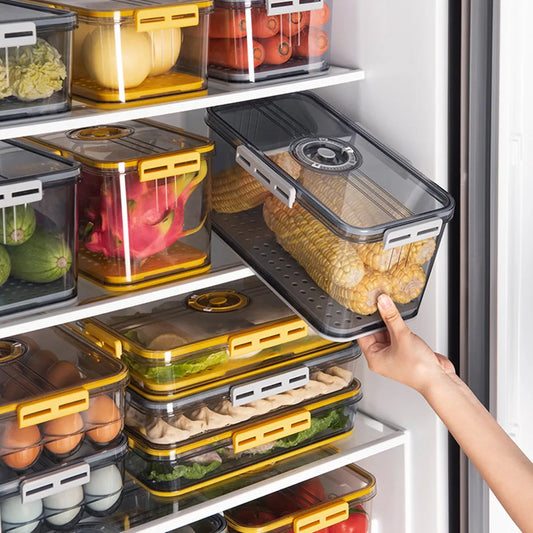 Boîte de Rangement pour Réfrigérateur avec Couvercle Sécurisé, Système de Séchage Intégré, Matériau PET Alimentaire - Conservez Vos Aliments Frais et Organisés