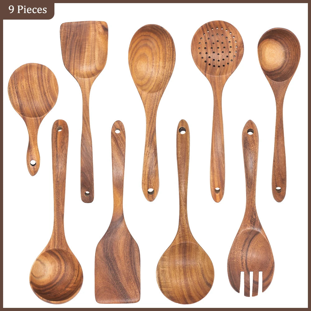 Set d'Ustensiles Cuisine Bois Teck – Durable & Écologique
