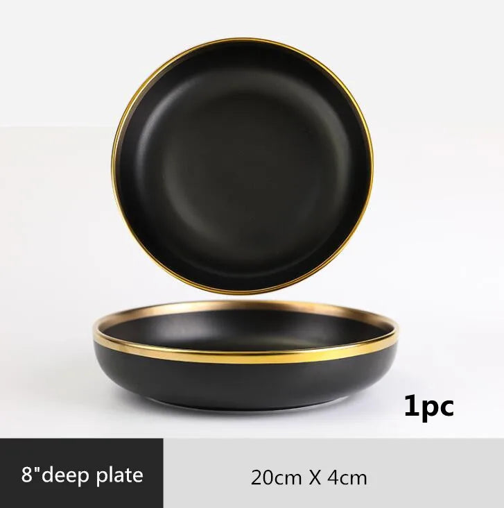 Assiettes en céramique noires bord doré – Service complet