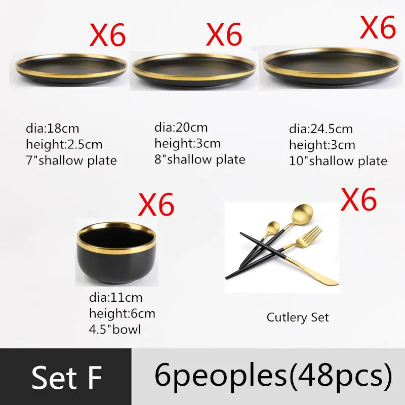 Assiettes en céramique noires bord doré – Service complet