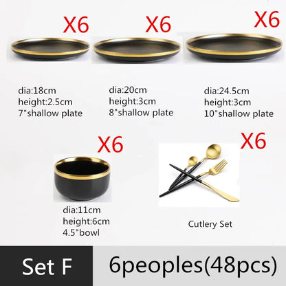 Assiettes en céramique noires bord doré – Service complet