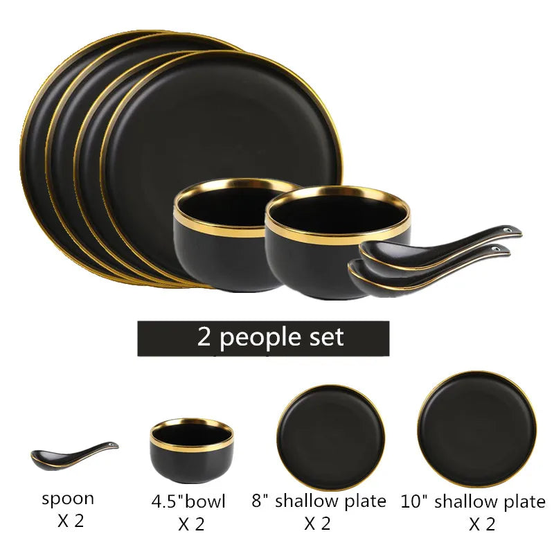 Assiettes en céramique noires bord doré – Service complet